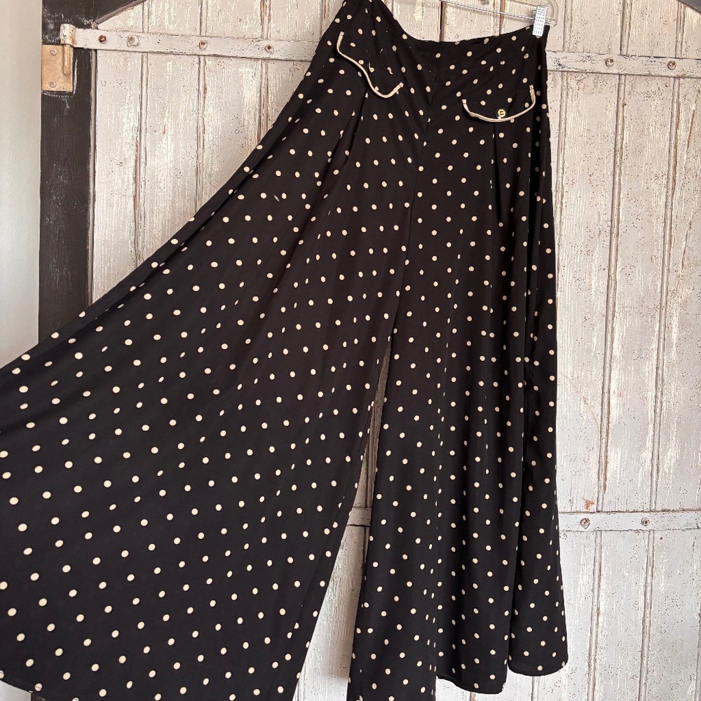 Polka Dot Palazzo Pants Wide Leg Flowy Black Cream Size Large